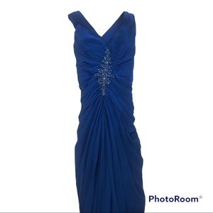 Size 4 Tadashi blue long beaded, ruched dress. Worn once, EUC.